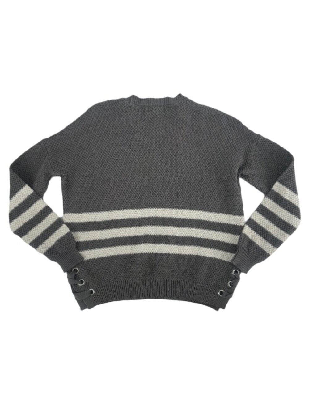 Pink Republic Sweater XS Grey Stripe Lace Up Side Honeycomb Knit Y2K Loungewear - Picture 7 of 7